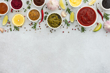 Different types of sauces in bowls with seasonings, rosemary and pepper, thyme and garlic, lime and lemon, cilantro, top view, copy space