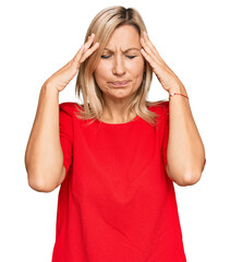 Middle age caucasian woman wearing casual clothes with hand on head for pain in head because stress. suffering migraine.