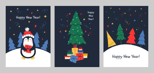 Set of Christmas cards with cute penguins and Christmas trees. Vector holiday collection. For digital design, gifts, postcrossing.