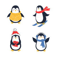 Set of cute penguins. Christmas vector illustration. For digital design, scrapbooking, clothes or mug print.