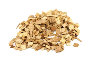 Wood chips for smocking isolated on white. Natural apricot wood smoking chunks