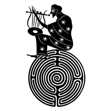 Ancient Greek man playing lyre on top of a round spiral maze or labyrinth symbol. Creative concept. Black and white silhouette.