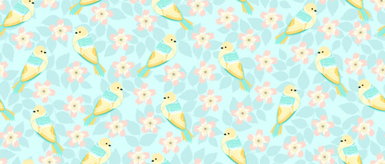 Horizontal, seamless pattern in delicate pastel colors with the image of wildflowers and birds on a background of leaf shadows. It is well suited for wallpaper, textiles, paper