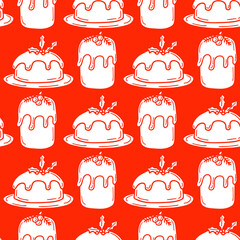 Seamless pattern with traditional Christmas cake in doodle style on a red