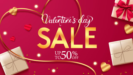 Valentine's day sale vector banner design. Happy valentine's day promo discount offer with gift boxes elements for brochure and flyers background. Vector Illustration.
