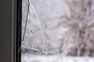 Szklane ostre odłamki tkwiące w ramie okiennej . Widok przez wybite okno na drzewa przyprószone śniegiem .