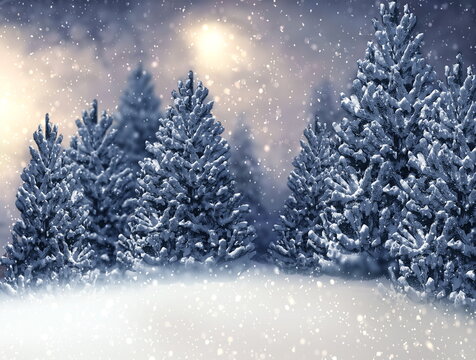 Winter forest Christmas pine trees covered by snow  and snowman nature landscape 3 d illustration 