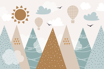 Vector hand drawn modern design of kids mountains. Mountains in doodle style. For children's wallpapers. Mountains, clouds, air balloon, sun and birds.