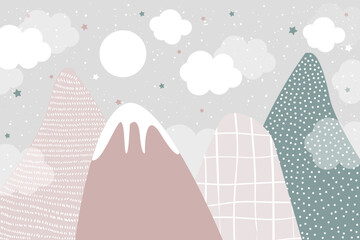 Vector hand drawn modern design of kids mountains. Mountains in doodle style. For children's wallpapers. Mountains, clouds, moon and stars.	