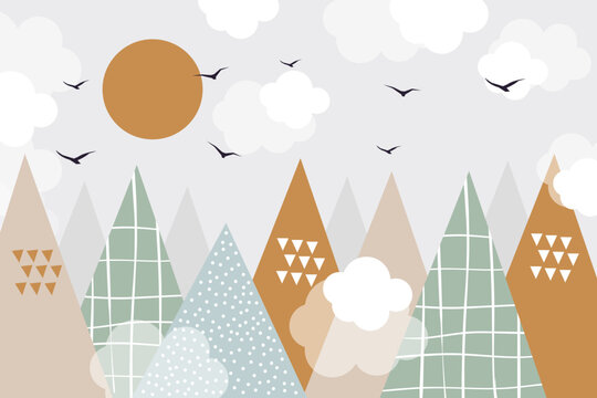 Fototapeta Vector. Hand drawn modern mountains in doodle style. Sun, birds, clouds and mountains. Children's landscape, wallpaper design, children's wall. 