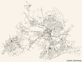 Fototapeta premium Detailed navigation black lines urban street roads map of the German regional capital city of LÜNEN, GERMANY on vintage beige background