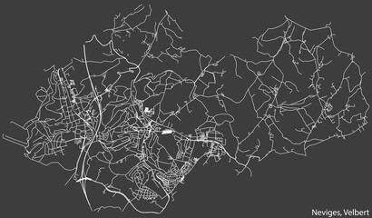 Detailed negative navigation white lines urban street roads map of the NEVIGES MUNICIPALITY of the German regional capital city of Velbert, Germany on dark gray background