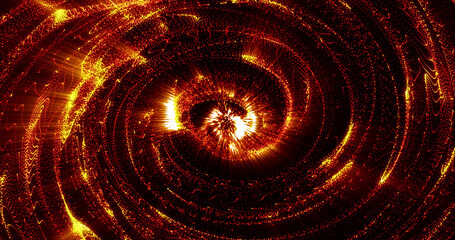 Abstract background orange fiery funnel swirl tunnel spiral on glowing waves from neon lines stripes and dots futuristic hi-tech with glow effect, screensaver