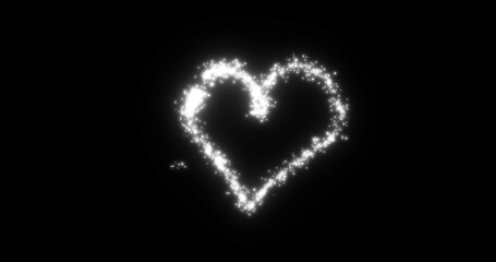 A heart from a flying comet salute love from particles and lines of luminous shiny gold on a black background for Valentine's Day. Abstract screensaver