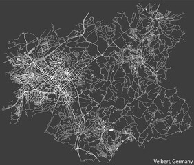 Detailed negative navigation white lines urban street roads map of the German regional capital city of VELBERT, GERMANY on dark gray background
