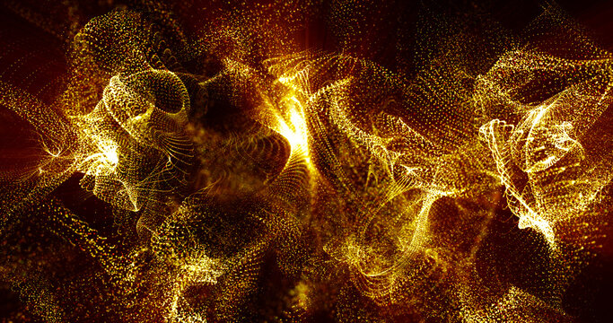 Abstract background of yellow golden moving flying small particles or waves of smoke with glow and blur effect. Screensaver beautiful
