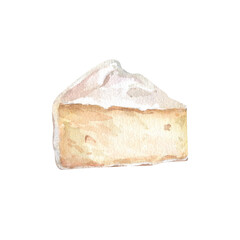 Cheese with cutted piece watercolor eimage. Creamy cutted brie or camembert cheese illustration. Delicious food image. French cuisine milk product. Tasty healthy cream organic snack