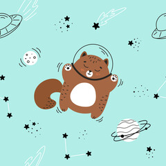 Seamless pattern with a cat in space, Astronaut cat, cat flying in space, Astronaut cat, cat flying in space, children's illustrations on the space theme, spaceships, alien ship, set of space elements