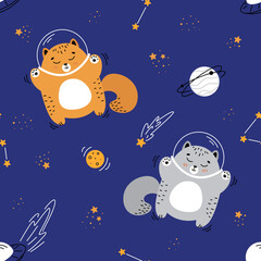Seamless pattern with a cat in space, Astronaut cat, cat flying in space, Astronaut cat, cat flying in space, children's illustrations on the space theme, spaceships, alien ship, set of space elements