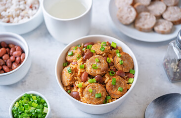 Kidney beans tomato paste sausage rice stew in a bowl