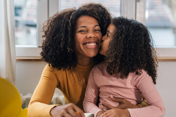 Cute young girl kissing her mom