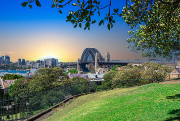 Sydney Harbour viewed from Observatory Park and overlooking Sydney Rocks area and North Sydney with...