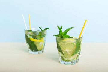 Mojito summer refreshing cocktail with ice and mint. mojito cocktail with lime, lemon and mint in a tall glass with a stick