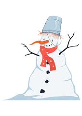 Cartoon snowman with a carrot nose and a bucket on his head. Vector.