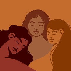 Tres mujeres latinas y morenas con los ojos cerrados