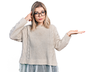 Young blonde woman wearing glasses confused and annoyed with open palm showing copy space and pointing finger to forehead. think about it.