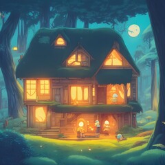 Fototapeta na wymiar Yellow lighted cozy hut in cartoon forest