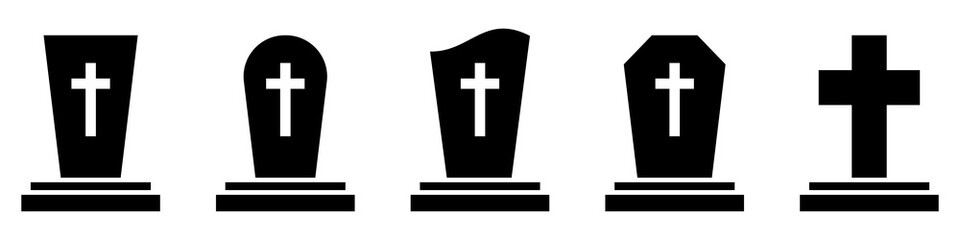 Obraz premium Cemetery gravestones. Set of black icons of different tombstone. Vector illustration.