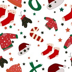 Christmas pattern. sweater Sweater, hat, scarf, mittens.