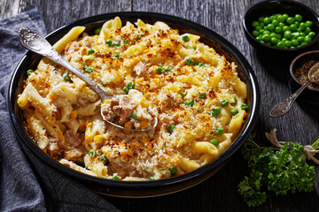 Tuna Mornay in baking dish, top view