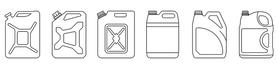 Canister icons set. Fuel tank icon. Black linear canister icon. Vector illustration. - obrazy, fototapety, plakaty
