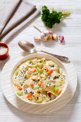 Turkey Wild Rice Soup in bowl, top view