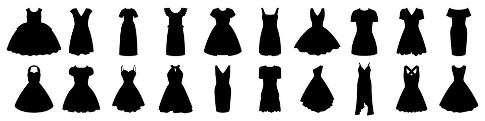 Women dress icon. Black dress icons set. Female fashion concept. Vector illustration. - obrazy, fototapety, plakaty