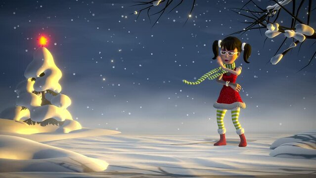 Christmas party. Santa girl is dancing on winter snowy background. Animated greeting card with copy space for text. Winter holiday background.