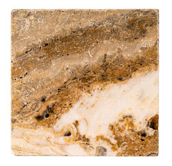 Natural Scabos Travertine tile isolated on white. Clipping path ready.