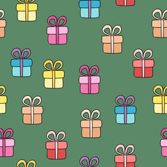 Vector seamless pattern with hand drawn gift boxes. Cute design for Christmas wrappings, textile, wallpaper and backgrounds.