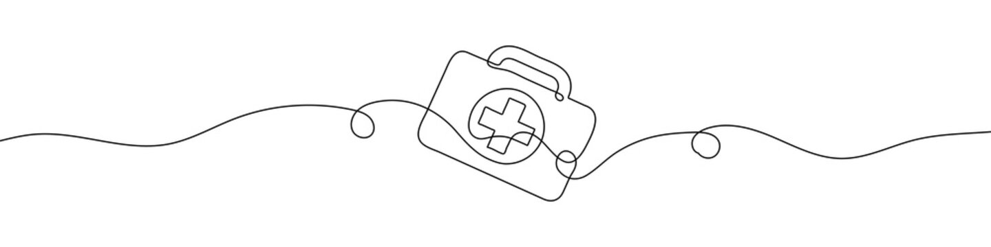 Continuous line drawing of first aid kit. Line art of first aid kit. One line drawing background. Vector illustration.