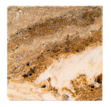 Natural Scabos Travertine Tile Isolated On White. Clipping Path Ready.