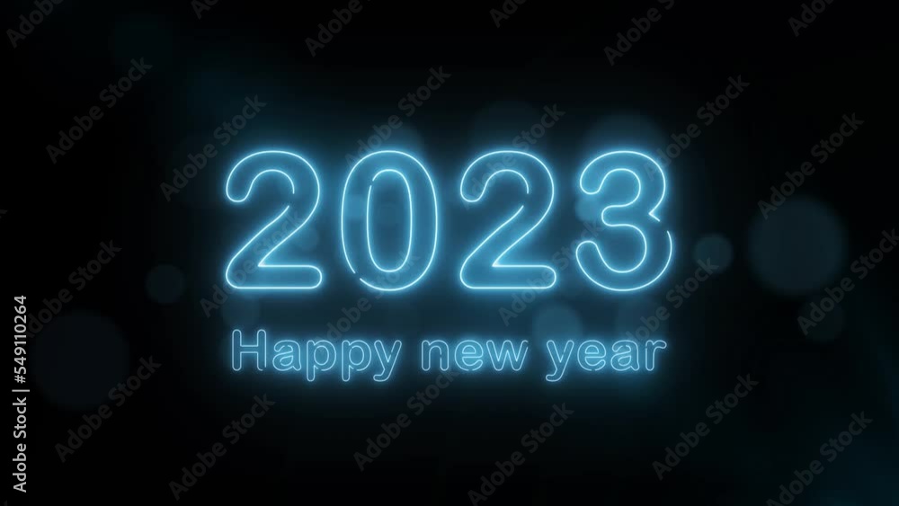 Poster happy new year 2023 neon animation. shiny blue gradient numbers 2023 on glittering and sparkling wav