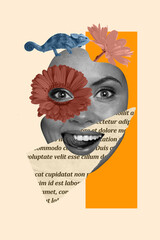 Vertical collage illustration of close up portrait beautiful positive woman tongue lick teeth flora fauna environment ecology protection - obrazy, fototapety, plakaty