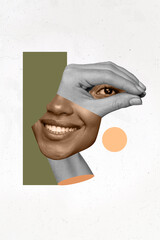 Vertical collage picture of human face parts arm eye inside beaming smile isolated on painted creative background
