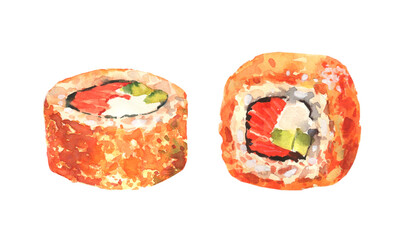Set of sushi maki philadelphia with cream cheese and chives. Roll with salmon. Watercolor illustration isolated on white background.