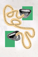 Vertical collage picture of two human speaking mouth black white gamma say tell bla blah isolated...