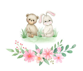 Teddy bear,bunny,pink floral bouquet..Watercolor hand painted illustrations for baby shower isolated on white background .