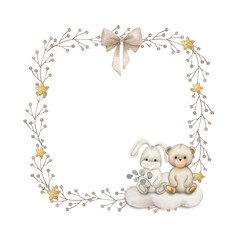 Floral frame with cute animals..Watercolor hand painted illustrations isolated on white background . - 549111404