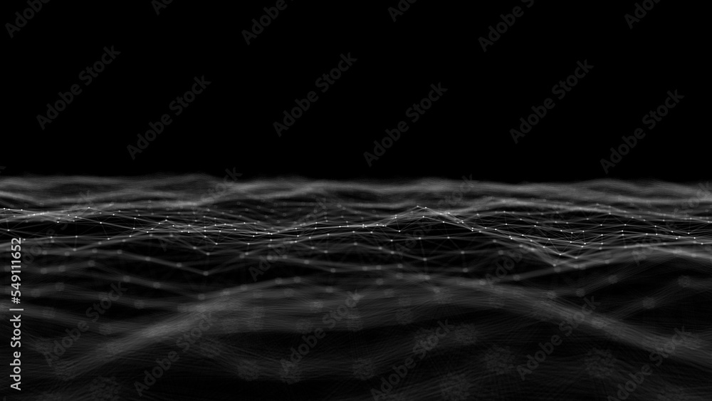 Poster Wave of digital particles on a black background. Abstract interlacing lines and points. Digital connection of elements. Simulation of the movement of small particles. 3D rendering.